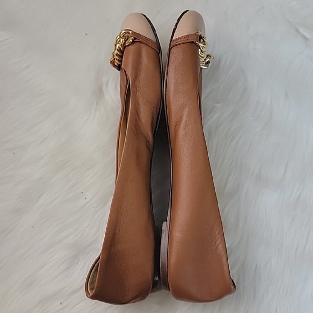 J.CREW Two Tone Leather Cap Toe Gold Chain Accent Preppy Old Money Ballet Flat 9 - Picture 6 of 14